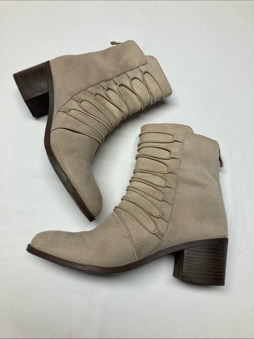 Women's Beige Suede Ankle Boots - Classic Stacked Heel